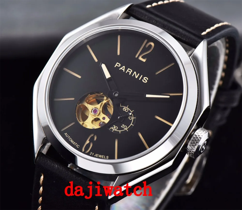 Новые черные светящиеся автоматические механические мужские часы Parnis с