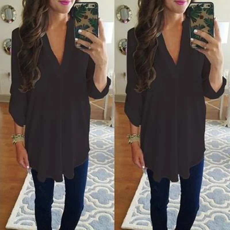 Блузка женская белая с длинным рукавом и треугольным вырезом большого размера 2018