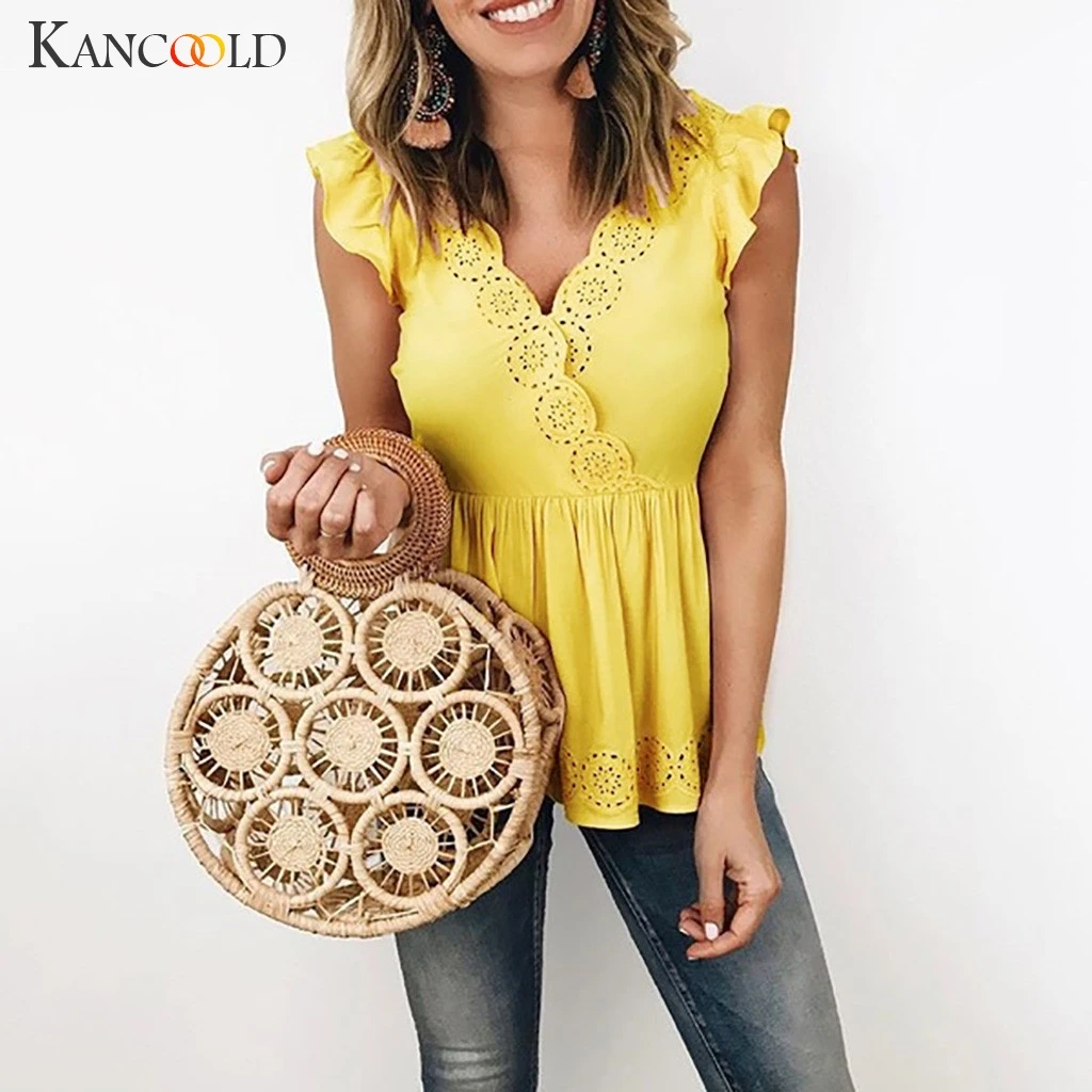 KANCOOLD, топ, футболка, женская, модная, летняя, с оборками, рукава, футболка s, сексуальная, v-образный вырез, на каждый день, новинка, футболка для женщин 2019Apr18