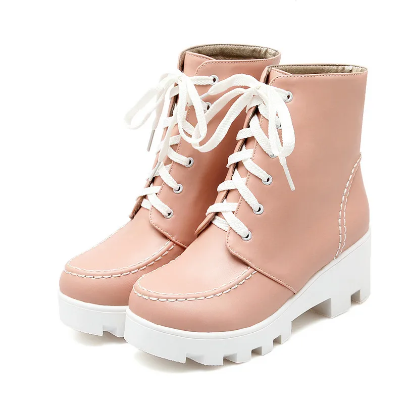 

ESVEVA 2017 Women Boots Lace-Up Round Toe Women Square Med Heels Short Plush Platform Ankle Boots Winter Ladies Shoes Size 34-43