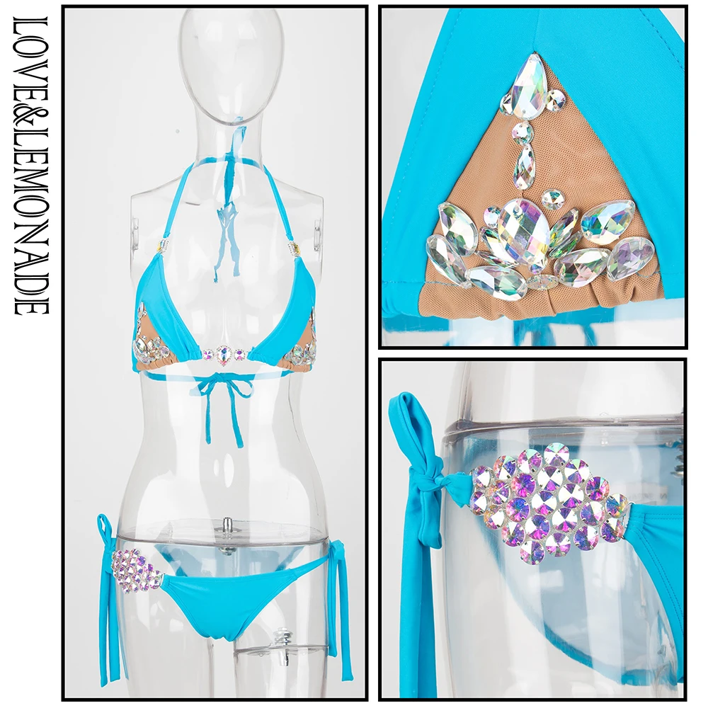 Женское пляжное бикини LOVE &amp LEMONADE голубое разноцветное из бисера модель LM1095 |