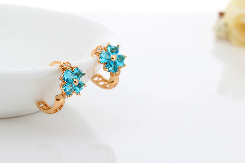 Серьги кольца для девочек Lucky с четырехлистным клевером синими кристаллами