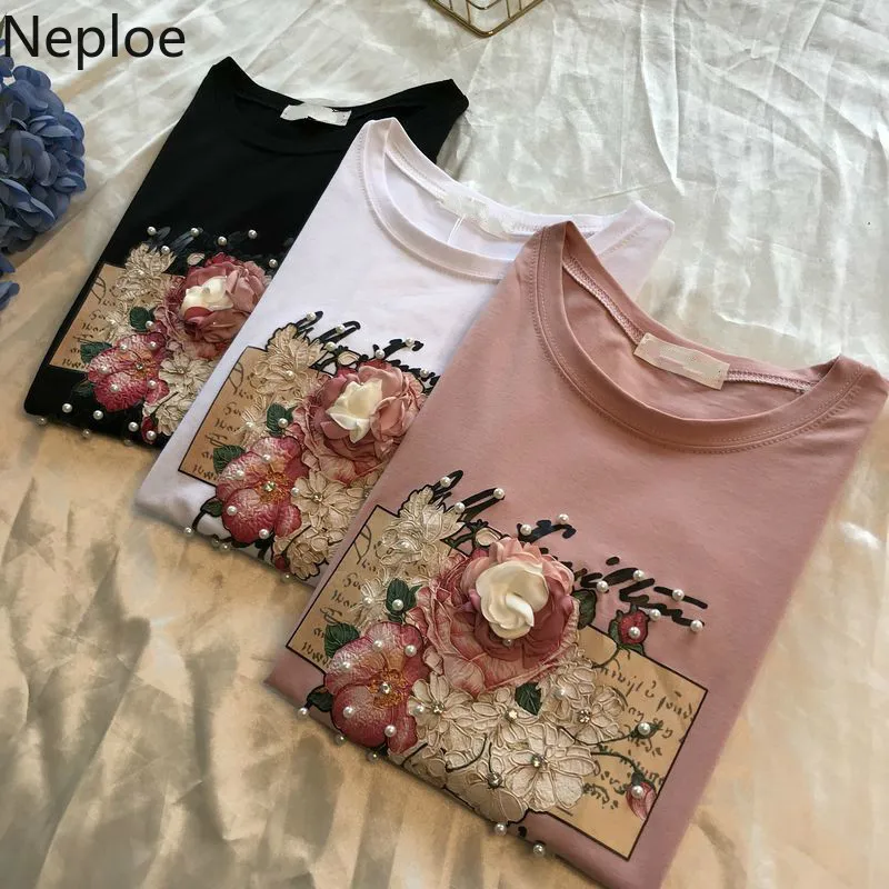 Neploe женские футболки с вышивкой из тяжелых бусин Лето 2021 повседневные круглым