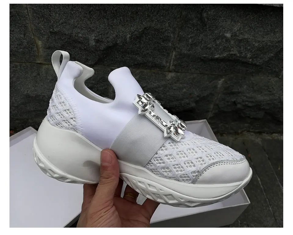 Hot Crystal Square Buckle Mesh Sneakers Women Genuine Leather Platform Thick bottom Flat Breathe Shoes Casual Shoes For Women