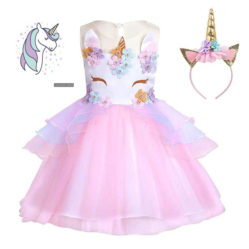 DAYLEBABY Kids Unicorn Party Tutu Dress Girls Embroidery Flower Ball Gown Baby Girl Princess Dresses for With Headbands | Детская одежда