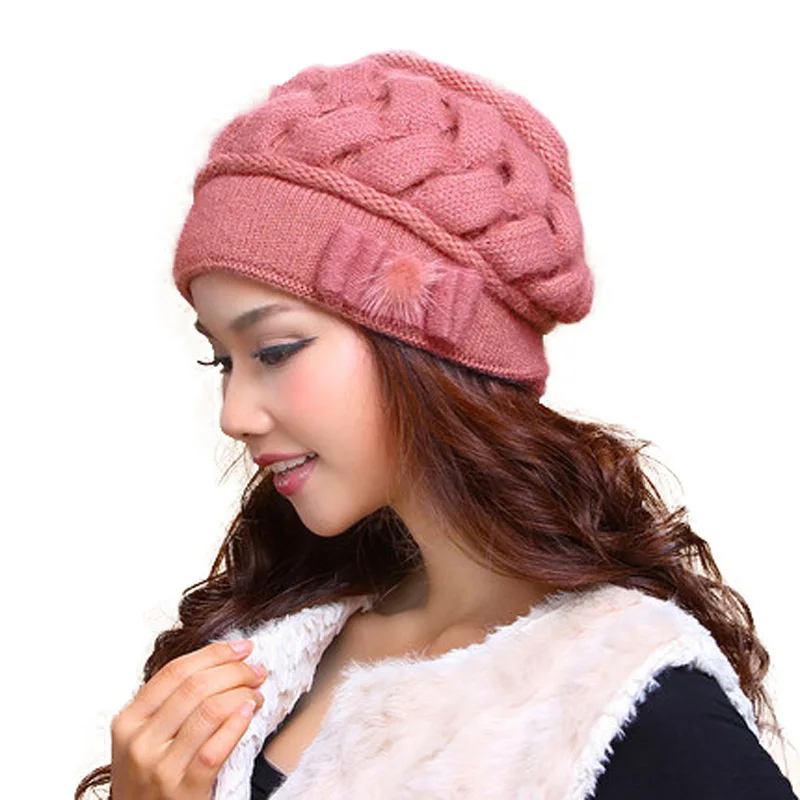 FS, модные женские шапки из кроличьей шерсти, теплые, Skullies, двухслойные, вязанные, зимняя шапка, защита ушей, шапочки, шапки Gorra, Invierno - Цвет: Розовый