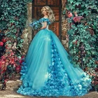 Женское платье с 3D цветами и открытыми плечами, синее платье для маскарада, вечерние платья со шлейфом, платья принцессы для выпускного вечера, 16 платьев
