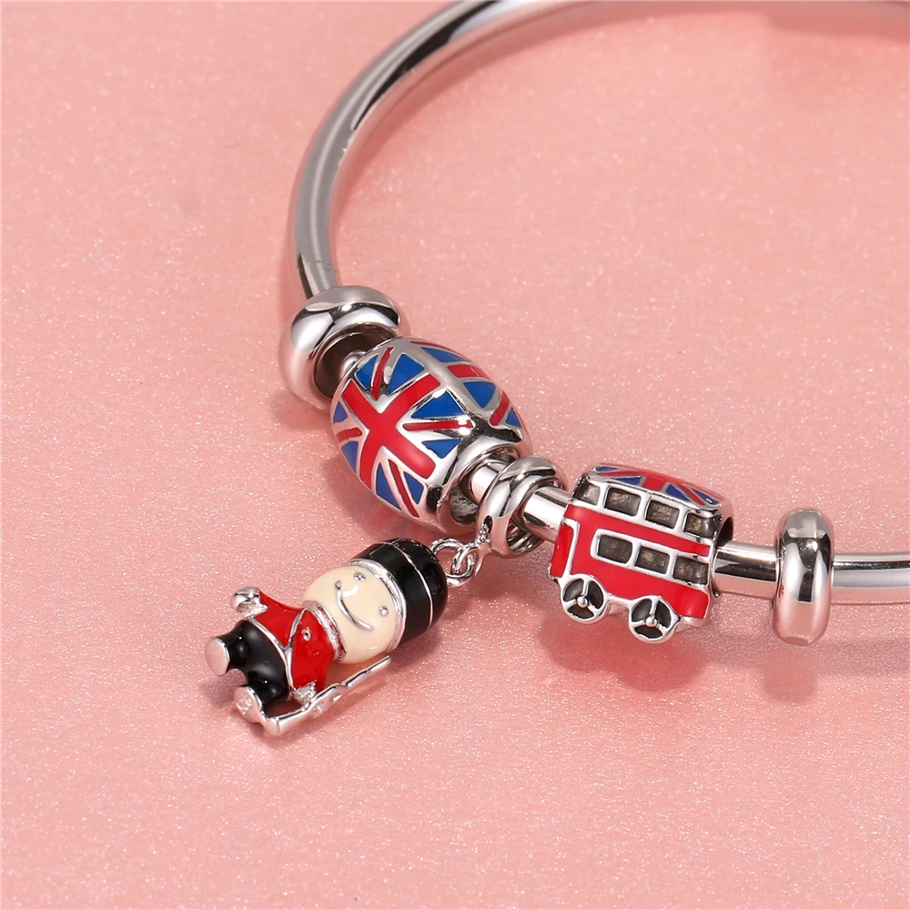

England Flag Beads/Double Decker Bus/Soldier 925 Sterling Silver Beads Fits Original Pandora Bracelet DIY Women Charm Bracelets