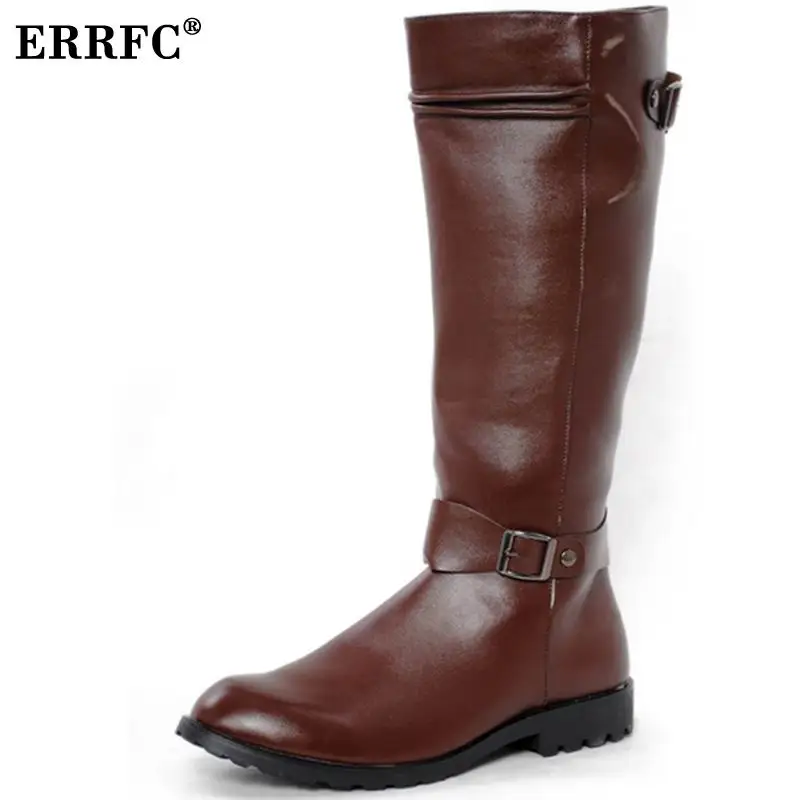 

ERRFC New Arrival High Top PU Leather Shoes Men Round Toe Motorcycle Boots Brown Buckle Cowboy Trending 44cm Leisure Knee Botas