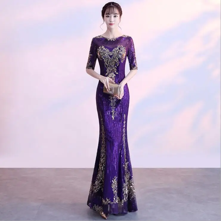 

Bling Bling Chinese vintage style Evening dress female fishtail Cheongsam dignified sexy dinner Party host's long Mermaid dress