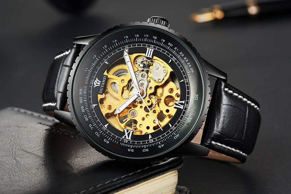 Роскошные автоматические механические черные мужские наручные часы скелетоны