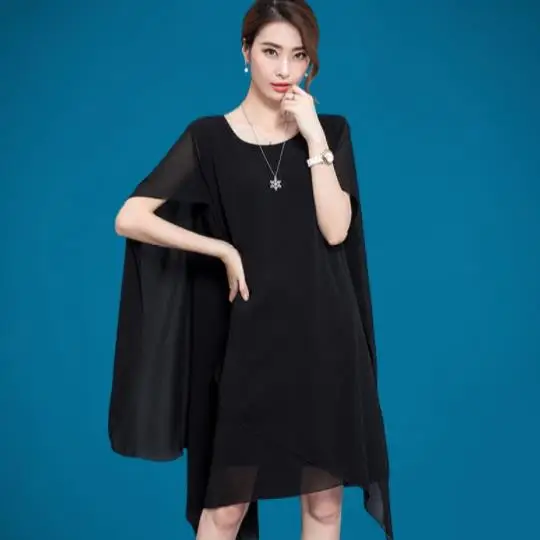 2019 New Summer Chiffon Asymmetric Plus Size Cape Women Dress Short Sleeves Knee Length Dresses Big Party DC980 | Женская одежда