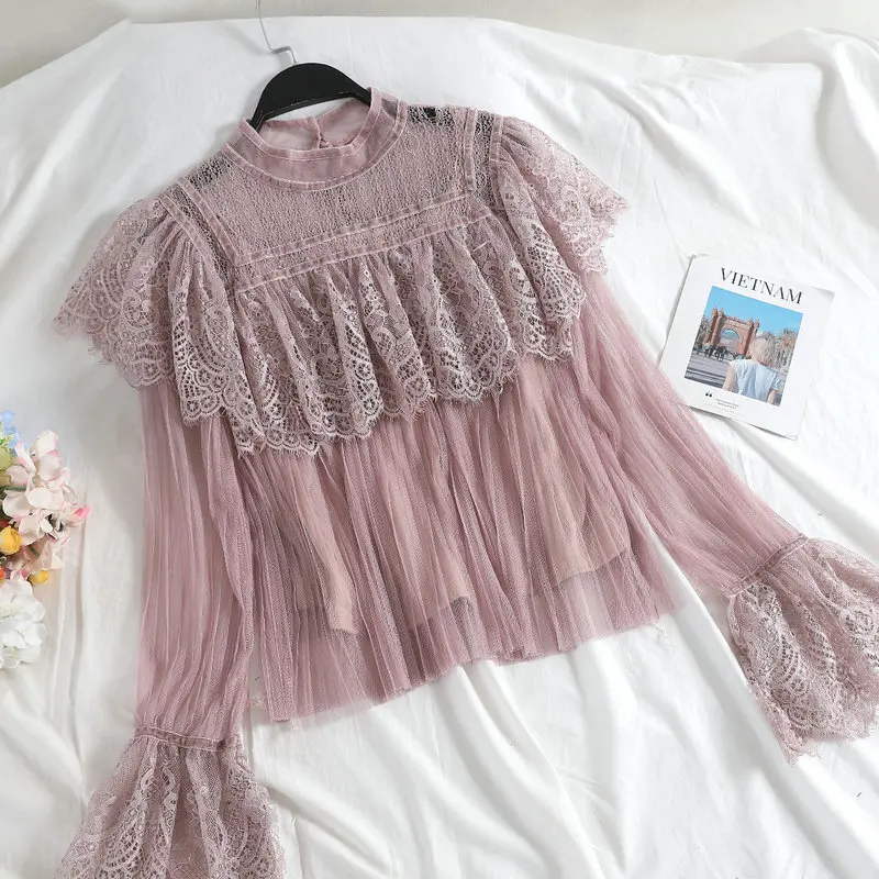 Women Shirts Женская рубашка с расклешенными рукавами, повседневная, новая, Лоскутная, открытая, кружевная, Цветочная, марлевая, сетчатая, вуаль, пуловер, плиссированная блузка, топы - Цвет: Women Shirts