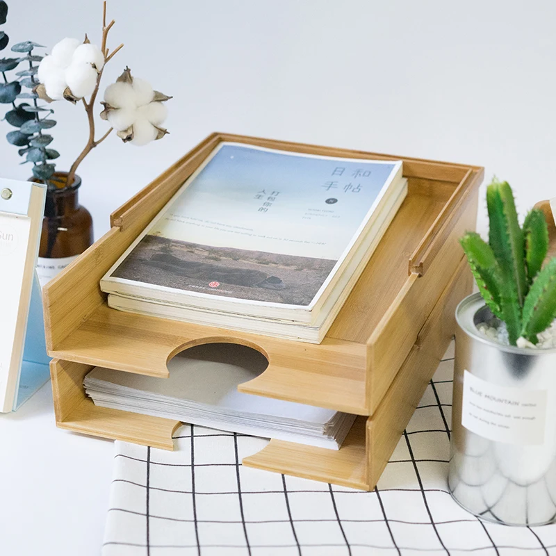 Bamboo Desktop File Holder A4 Paper Storage Desk Rack Office Multi-function Data Box Multilayer Simple Style |