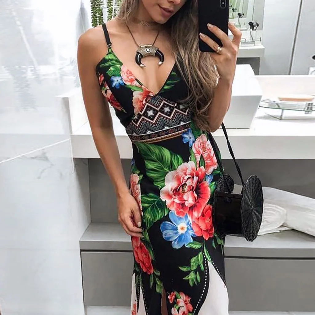 Женское винтажное платье с цветочным принтом Boho повседневное длинное без