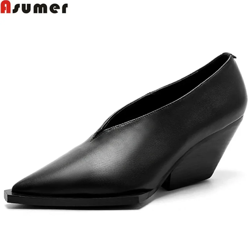 ASUMER/черно-белая модная обувь Сезон весна-осень Женская на танкетке с острым