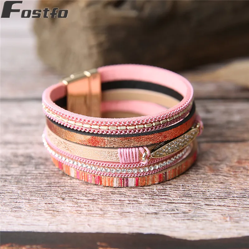 Женский Многослойный кожаный браслет из сплава с кристаллами и магнитной