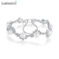 luoteemi fashion elegant round clear cubic zircon with simulate pearl bracelets charming bangle for women wedding jewelry gift