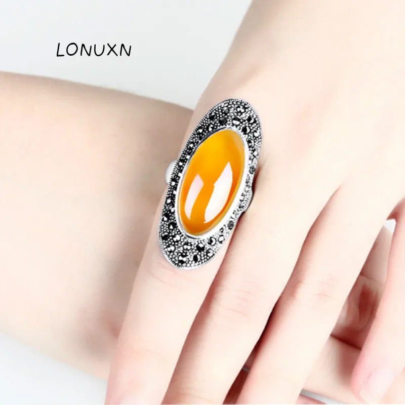 Bohemian style 925 Sterling silver Natural semi-precious stones yellow chalcedony Vintage big Rings women Jewelry lovers gift | Украшения и