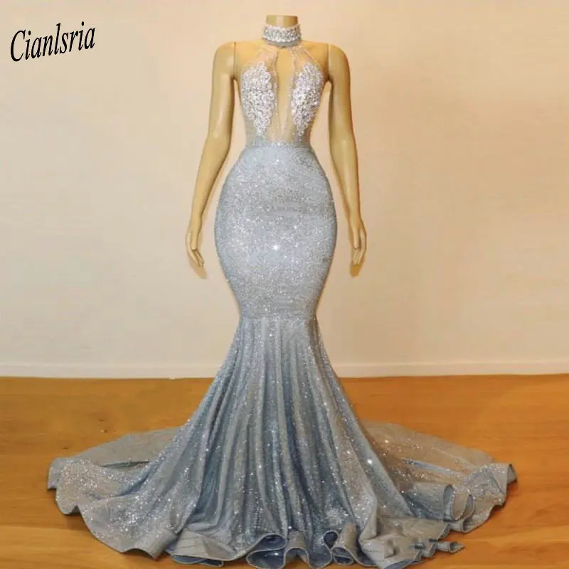 

Sexy Halter Backless Sequined Mermaid Evening Dress Appliques Lace Sleeveless Formal Evening Party Dresses robe de soiree