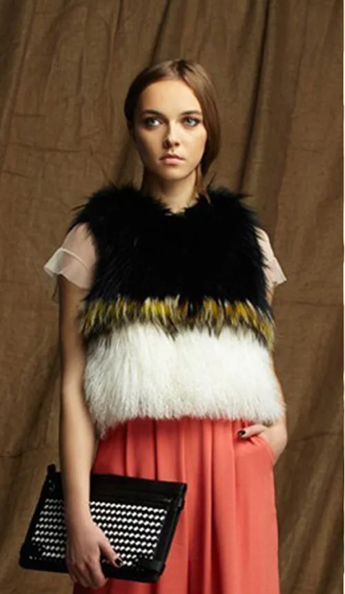 Женщины настоящее мех монгольской овцы постепенное цвет жилет Мех контрастность