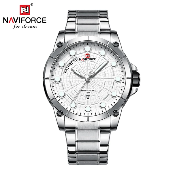 SilverNoBox NAVIFORCE Брендовые повседневные часы с датой, роскошные коричневые мужские часы из нержавеющей стали, мужские наручные часы, спортивные часы, мужские часы - Цвет: SilverNoBox