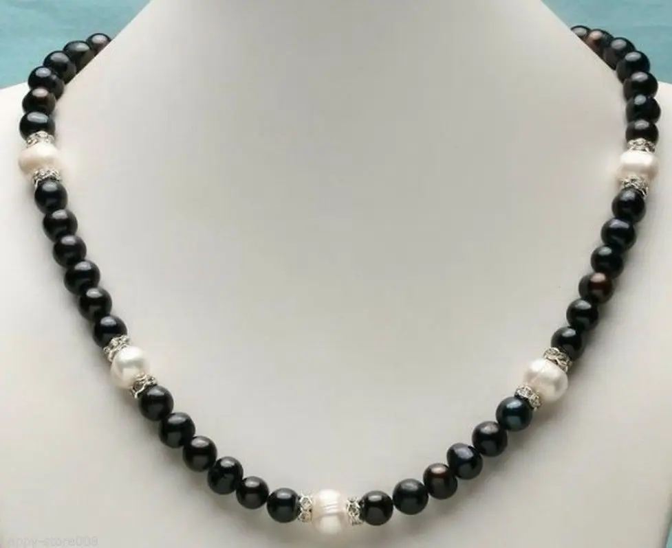 

Long 18" 8-9mm Real Natural Black & White Akoya Pearl Necklace