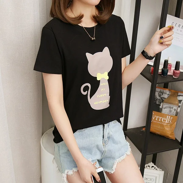 Black T-Shirt Новинка года; сезон лето; милые женские футболки с короткими рукавами и круглым вырезом и принтом кота для девочек; Повседневная футболка с героями мультфильмов для студенток женские топы; футболки - Цвет: Black T-Shirt