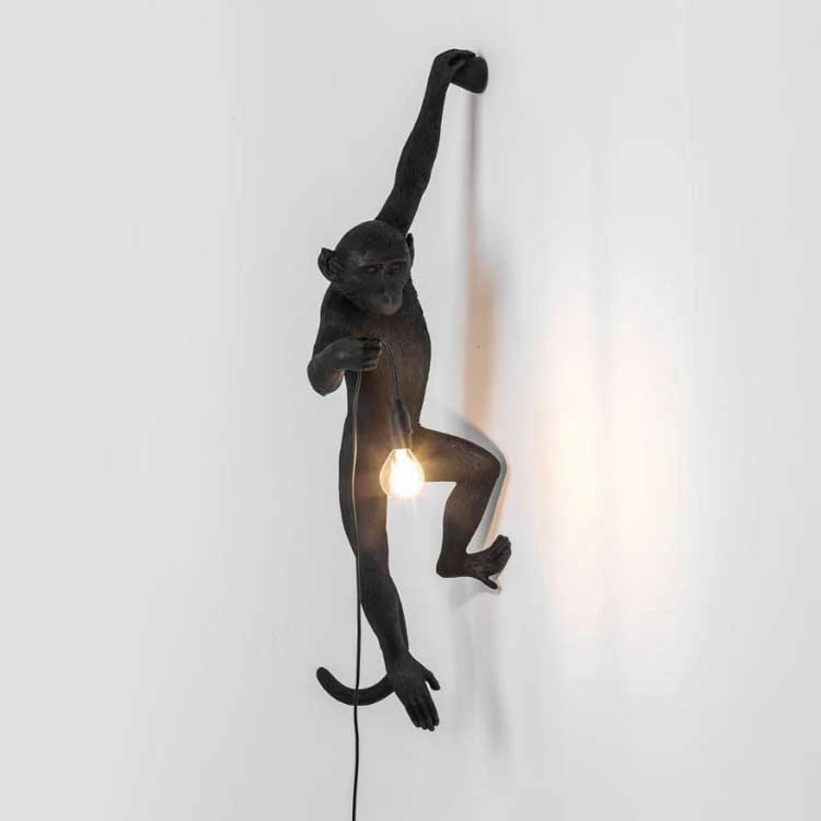 Lampara de pared Kitsch quirky Art нордическая Черная смола подвесная черная обезьянка Настенные светильники Лофт кафе Черная веревка животное настенные бра