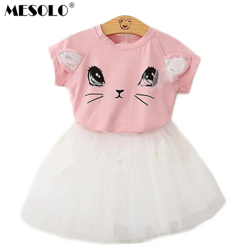 MESOLO обязуется Новая Милая футболка с кошкой для девочки + юбка из горького флиса