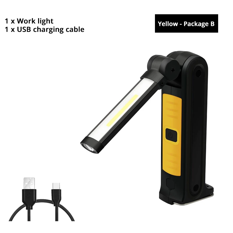 Yellow - Package B USB Перезаряжаемый COB светодиодный светильник-вспышка рабочий светильник инспекционный светильник 4 режима задний магнит дизайн подвесной фонарь Водонепроницаемый - Испускаемый цвет: Yellow - Package B