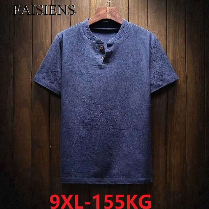 

FAISIENS Summer Linen Plus Size 8XL 9XL Big Mens T-Shirt Short Sleeve V-Neck Tees 5XL 7XL Vintage 150KG Navy Blue Tshirt Tops
