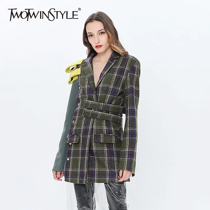 TWOTWINSTYLE шерстяной клетчатый Женский блейзер лоскутный длинный рукав кружевной