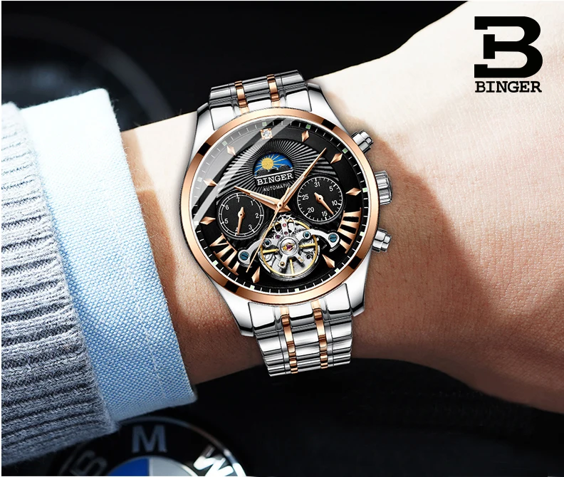 Switzerland BINGER автоматические механические часы Tourbillion мужские часы лучший бренд класса люкс Натуральная кожа водонепроницаемые часы relogio