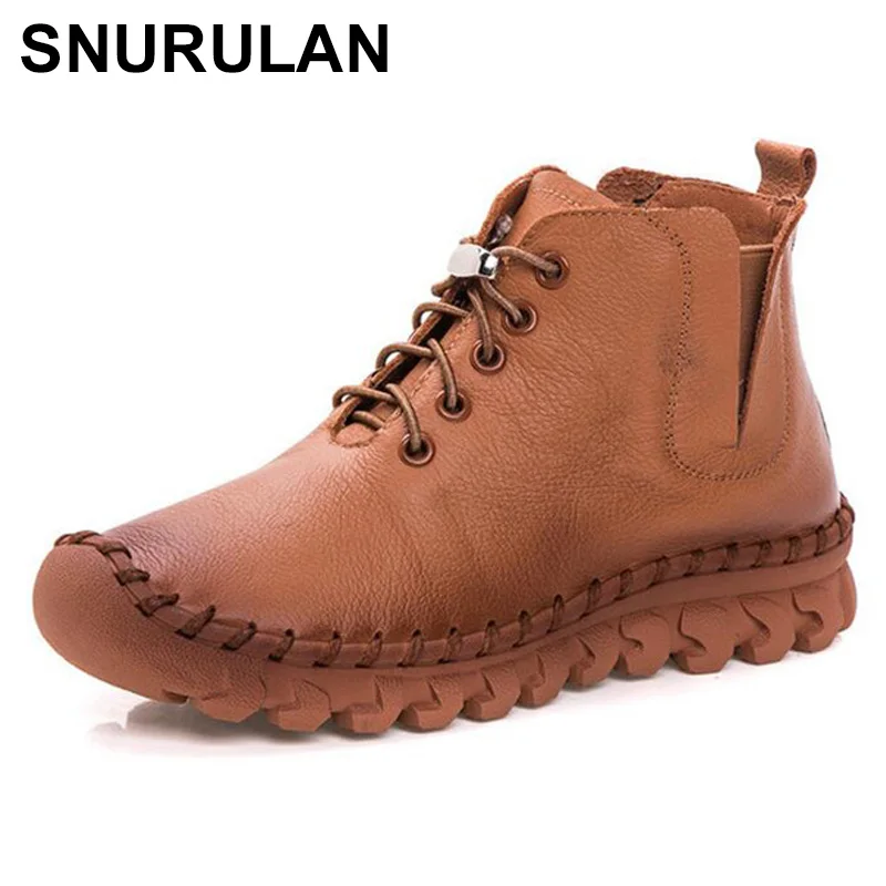 

SNURULAN Autumn Winter Women's Fashion Boots 2018 Genuine Leather Shoes Sewing Casual Botas Warm Plush Round Toe Ankle Boots
