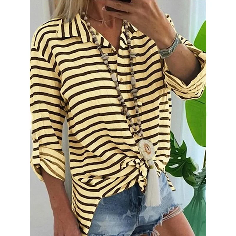 Blusas Femininas женские блузки в полоску рубашка с длинным рукавом бохо отложной