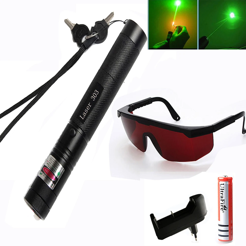 Tactical High Power Green Laser Pointer Adjustable Focus Burning match laser Pen 303 5mw 532nm +18650 Battery+Charger