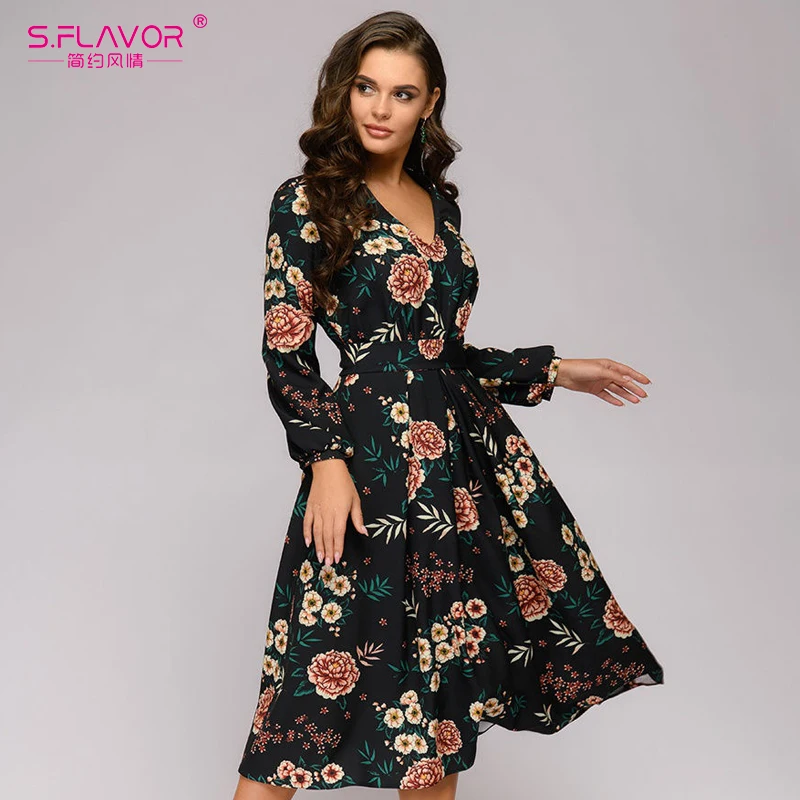 S.FLAVOR Women Printing V neck A line Dress Elegant Long Sleeve Spring Summer Vintage Midi Vestidos|Женские платья| |