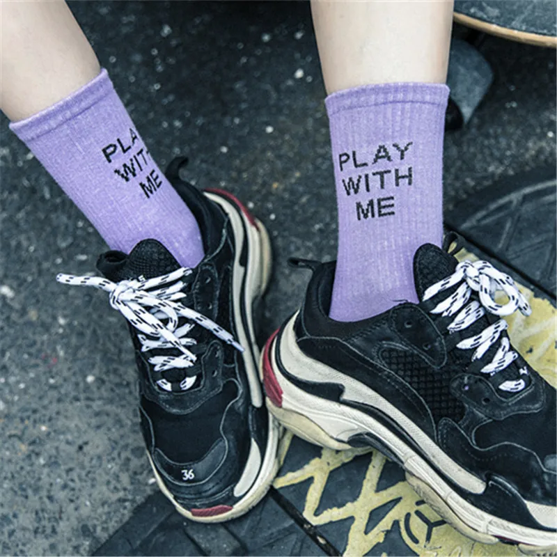 Уличная одежда Забавные носки для женщин Хлопковые с принтом букв Play With Me Harajuku