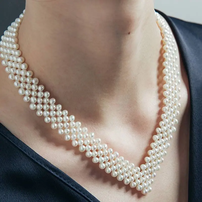

Free Shipping 6-7mm Wedding Jewelry Natural Round Knitted V Shape Unique Freshwater White Pearl Necklace 16.5"