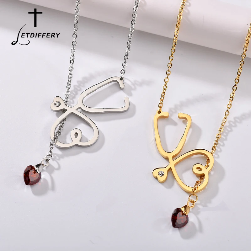 Letdiffery Винтаж стетоскоп медсестры Красное сердце Кристалл ожерелья из