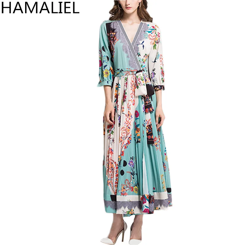 Женское винтажное плиссированное платье HAMALIEL зеленое с цветочным принтом и