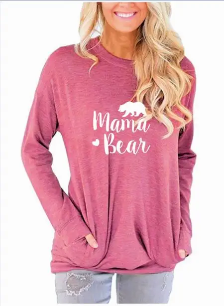 Brick red Mama Bear однотонная повседневная женская футболка осень зима длинный рукав карманы o-образный вырез женская футболка Топ Хлопок размера плюс Прямая поставка - Цвет: Brick red