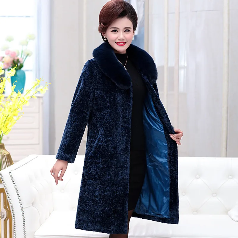 Dark blue Осень-зима, Женское пальто из овечьей шерсти, плюс размер, 5XL, утолщенное, с капюшоном, шерстяное пальто, для женщин среднего возраста, с меховым воротником, Длинные куртки - Цвет: Dark blue