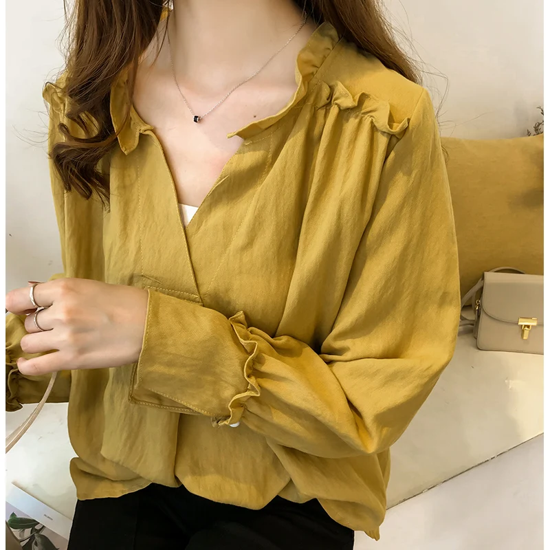 

Women's Shirts Ulzzang Japanese Kawaii Ladies Vintage Sweet Ruffled V-neck Shirt Female Korean Harajuku Cute Clothes For Women