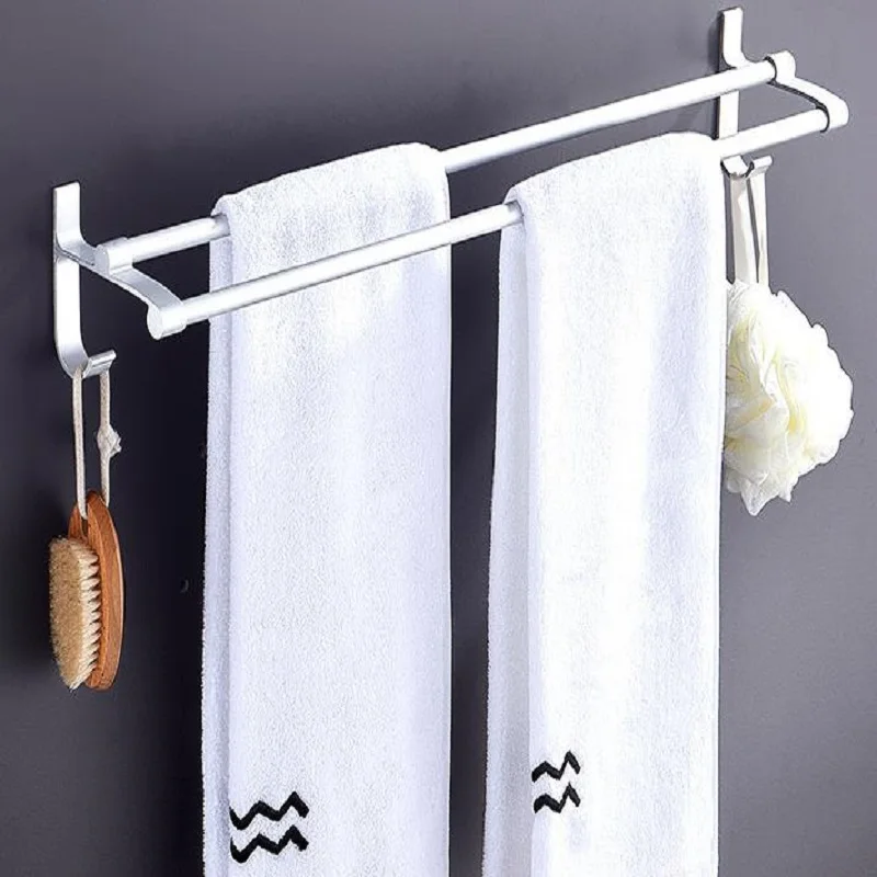 Bathroom Towel Rack Free Punch Space Aluminum Double Towel Bar Toilet Bathroom Hook Storage Shelf Wholesale bathroom space aluminum towel shelf rack bathroom towel shelf bathroom storage shelf towel rack m72006