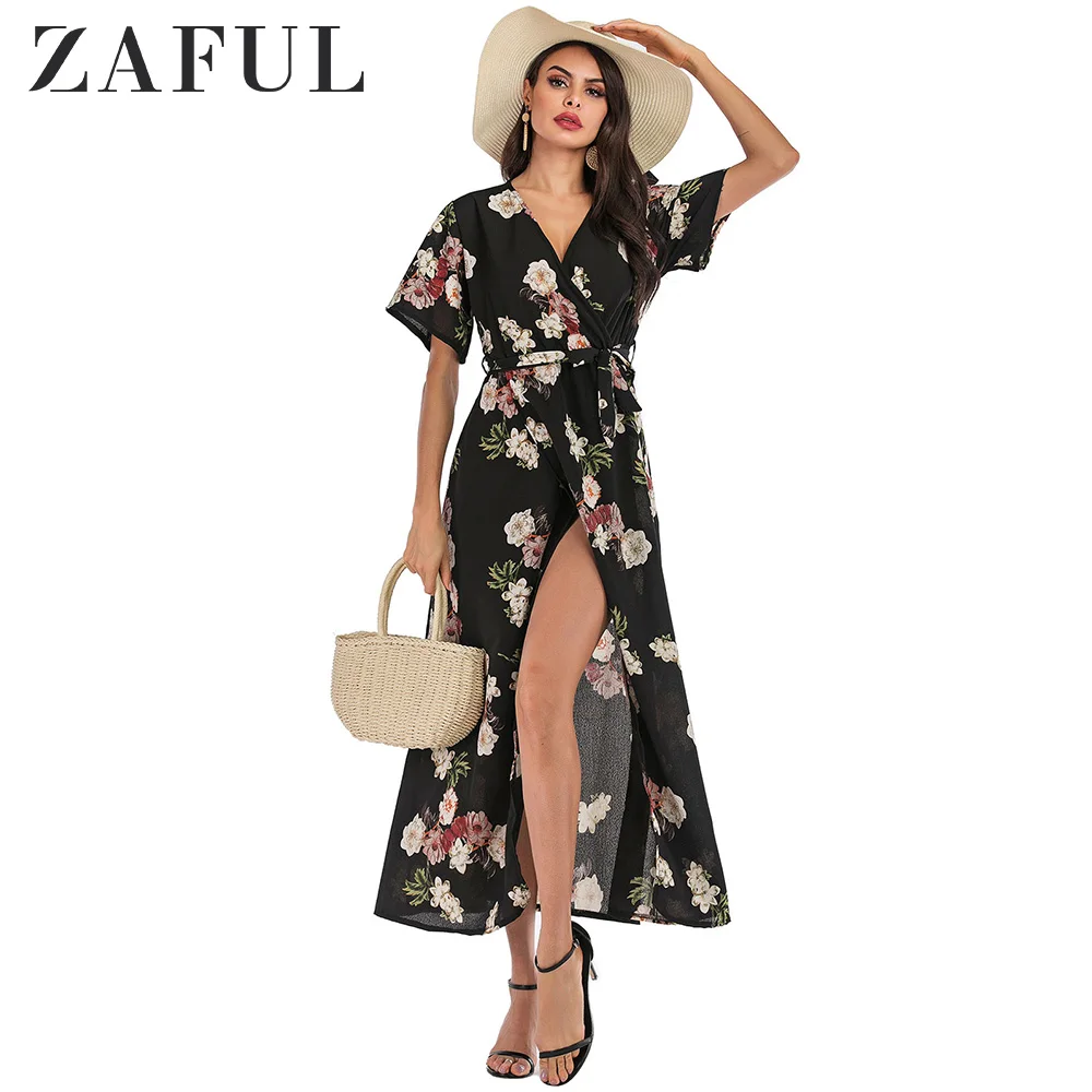 Женское платье макси ZAFUL длинное с цветочным принтом и поясом элегантное