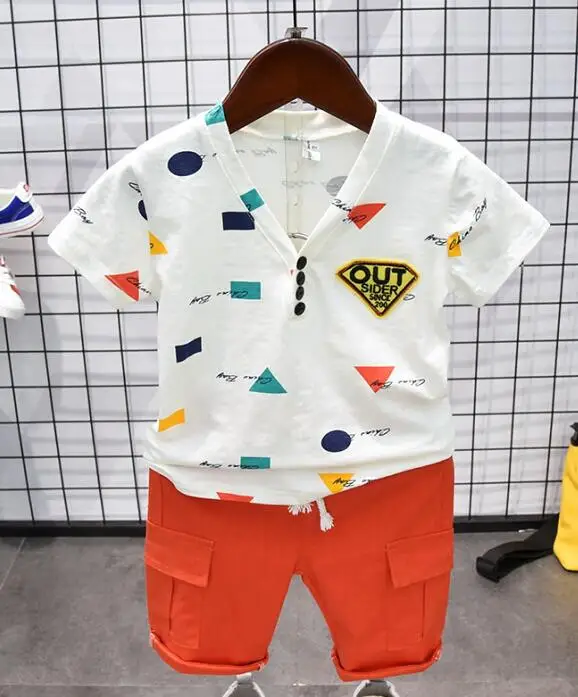 orange set Детская одежда коллекция года, летняя одежда для мальчиков футболка+ шорты, штаны комплект из 2 предметов Детский костюм для мальчиков от 2 до 6 лет - Цвет: orange set