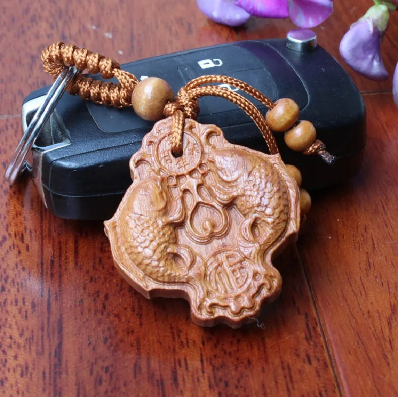 1 шт. Новая мода резные деревянные прекрасный двойной рыбы брелок для ключей chaveiro