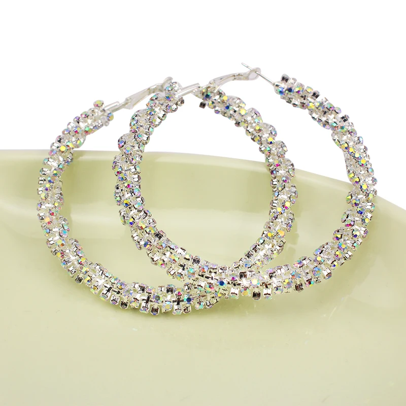 COUYA 60mm New Design silver Charm crystal hoop earrings Geometric Round Shiny rhinestone big circle earring jewelry women | Украшения и